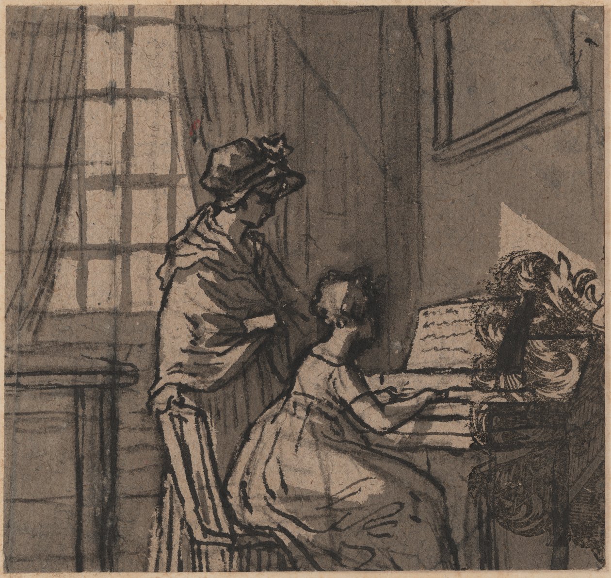 Tyttö klavikordilla, n. 1800 (kynä ja pesu paperille) tekijältä English School