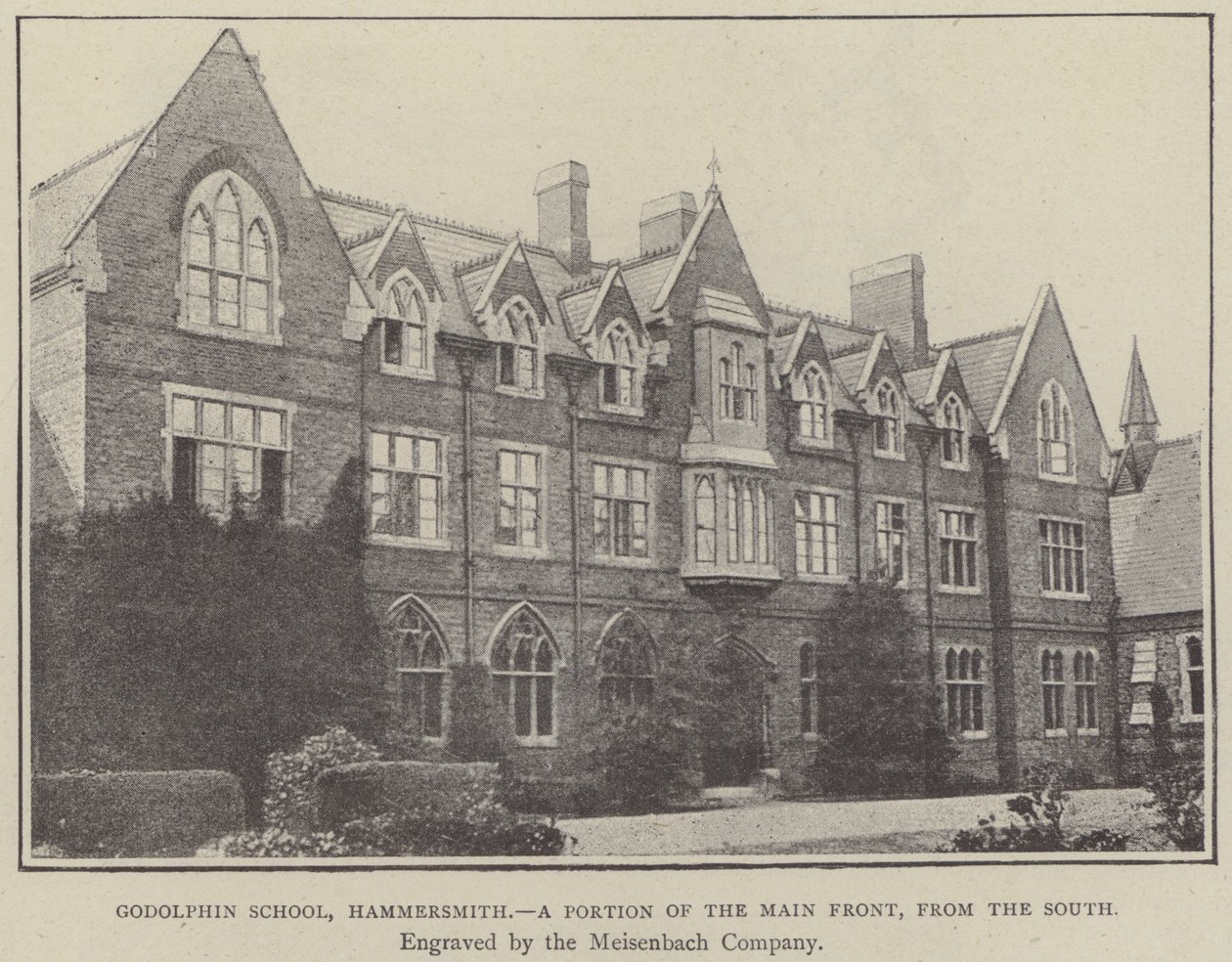 Godolphin School, Hammersmith, osa pääjulkisivua etelästä (kaiverrus). tekijältä English School