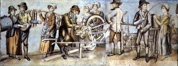 Messuille menossa, yksityiskohta veitsimyllystä ja kauppiaista ja naisista, n. 1815 (wc, guassi paperilla) (katso myös 107509 ja 107510) tekijältä English School
