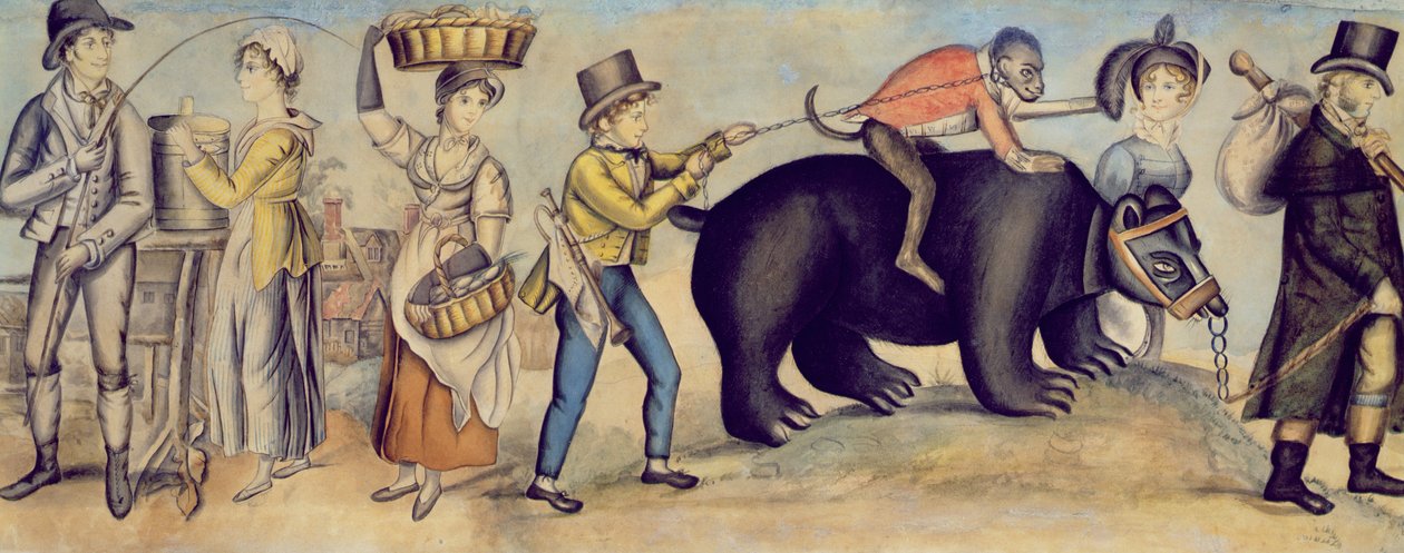 Menossa messuille, yksityiskohta esiintyvästä karhusta ja apinasta, n. 1815 tekijältä English School