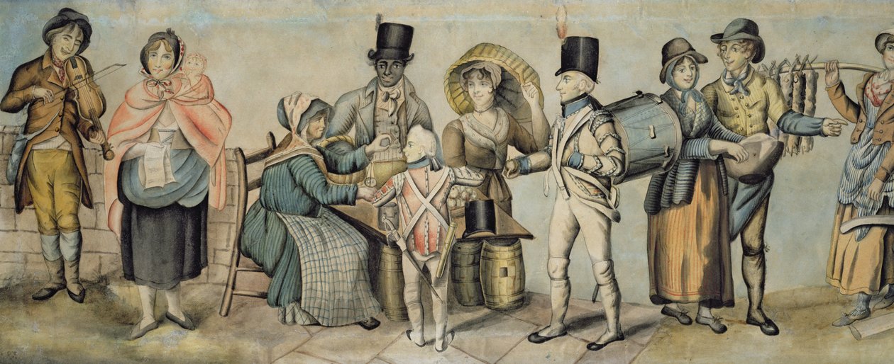 Messuille menossa, yksityiskohta musiikillisesta perheteosta ja omenamyyjä, n.1815 (wc ja guassi paperilla) (katso myös 107508 ja 107509) tekijältä English School