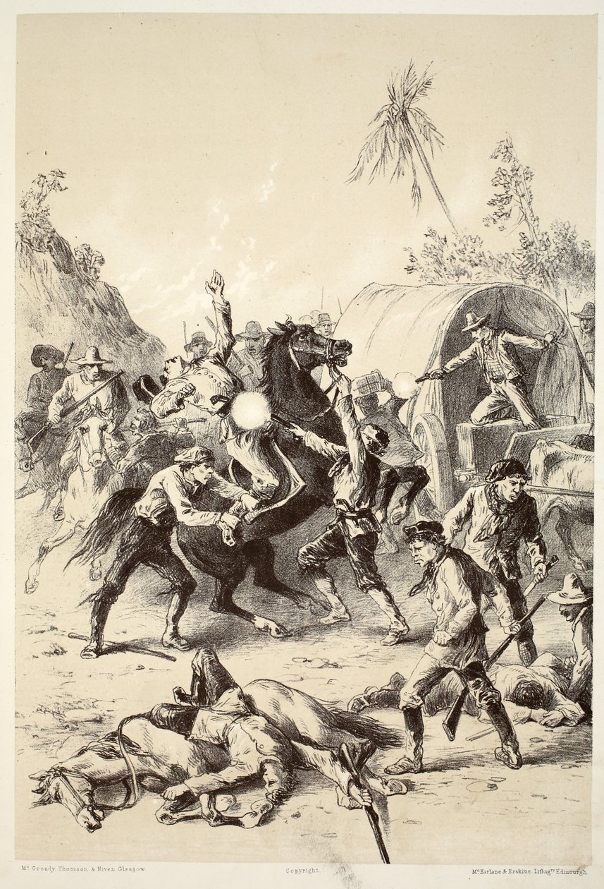 Bush Rangers hyökkäsi kultasaattajaan, David Blairin, McGradyn, Thomsonin ja Nivenin The History of Australaasia, 1879 tekijältä English School