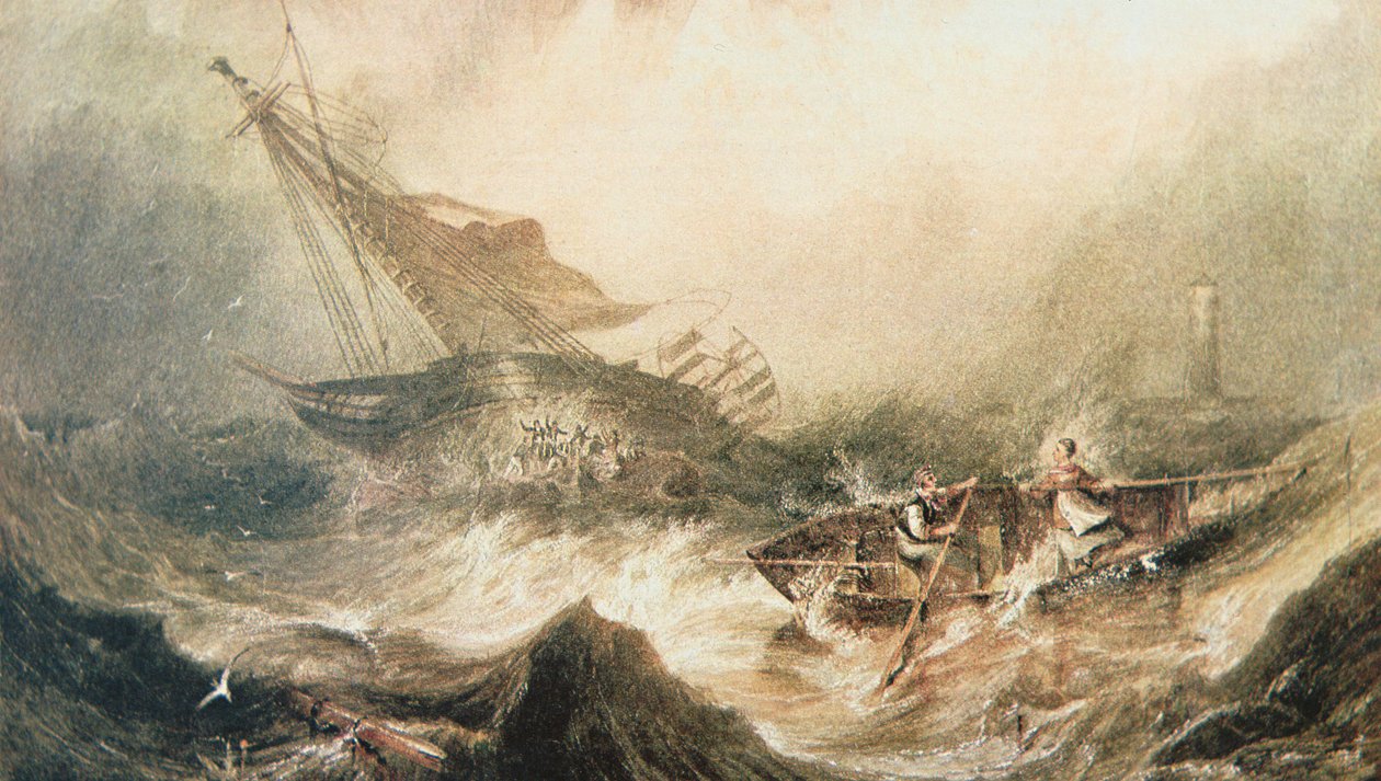 Grace Darling ja hänen isänsä soivat Northumberlandin rannikolla haaksirikkoutuneen Forfarshiren pelastamiseksi, 7. syyskuuta 1838 (akvarelli paperille) tekijältä English School