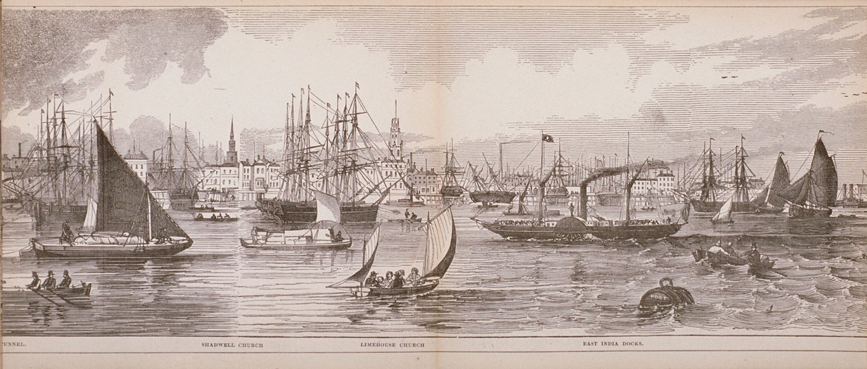 Lontoon Grand Panorama, Thames-joelta päin Shadwellia, East India Docksia ja Limehousea, 1849 (puukaiverrus) tekijältä English School