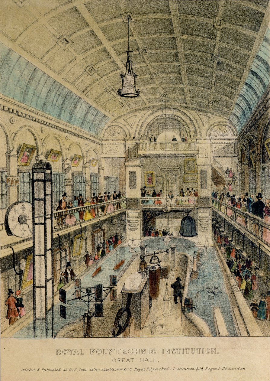 Royal Polytechnic Institutionin suuri sali, Regent Street, painanut G.J. Cox, noin 1840 tekijältä English School