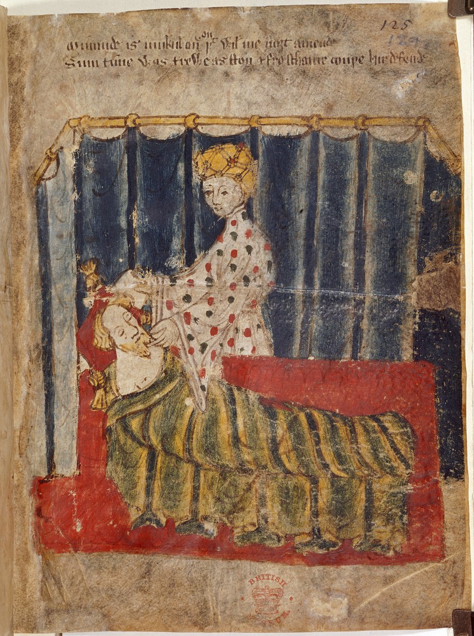 Vihreän ritarin vaimo ja Gawain, kuvitus teoksesta "Sir Gawain ja vihreä ritari" (vellum) tekijältä English School