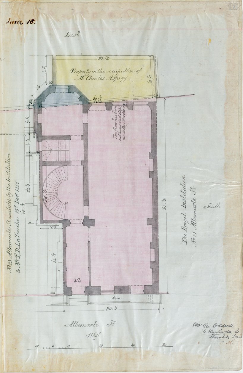 Royal Institutionin vuokrasopimusten pohjapiirros, 1863 (kynä & muste ja wc paperilla) tekijältä English School
