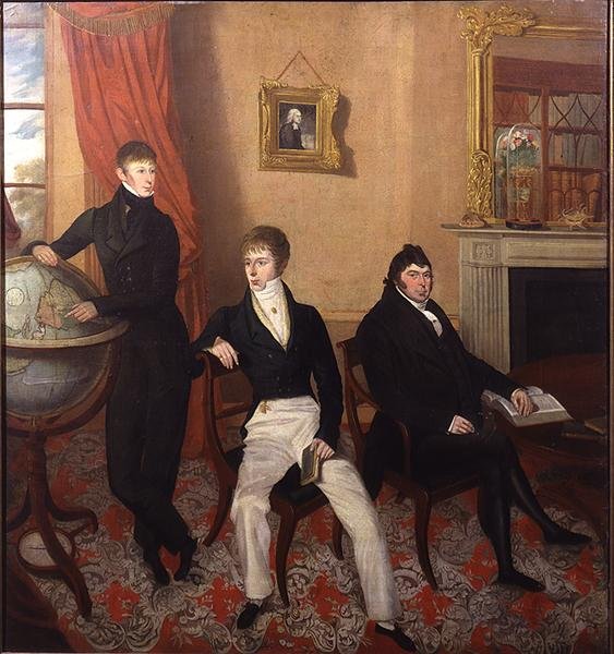 Ryhmämuotokuva kolmesta miehestä taidokkaassa istumahuoneen sisätilassa, noin 1825 (öljy kankaalle) tekijältä English School