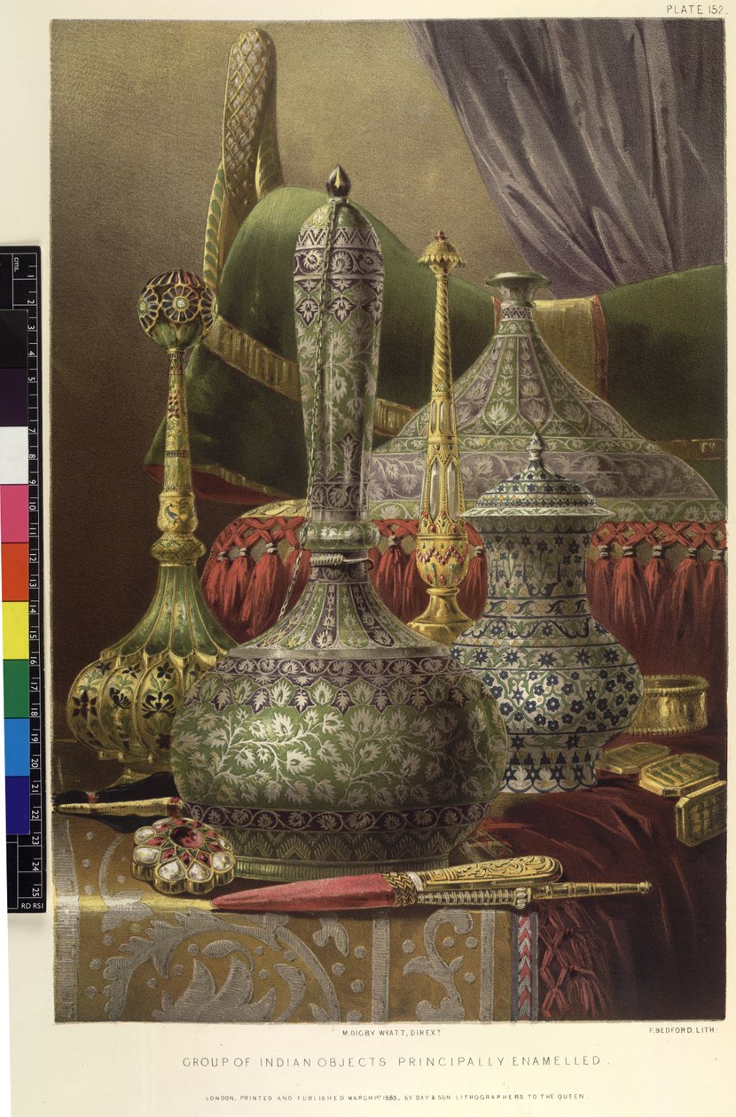 "Intian esineiden ryhmä, pääosin emaloitu", teoksesta "The Industrial Arts of the 19th century". Kuvia kaikkien kansakuntien parhaista näytteistä Teollisuuden suuressa näyttelyssä tekijältä English School