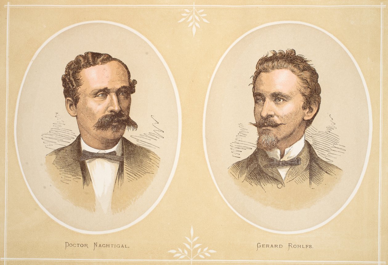 Gustav Nachtigal ja Gerard Rohlfs, kuvitus J. Ewing Richien David Livingstonen elämän ja löytöjen kuvapainoksesta, pub. kirjoittanut A. Fullarton & Co., 1876 tekijältä English School