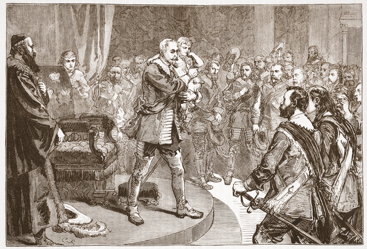 Gustavus Adolphus lähtemässä valtioista, kuvitus James Aitken Wylien (1808-1890) Protestantismin historiasta, pub. 1878 tekijältä English School