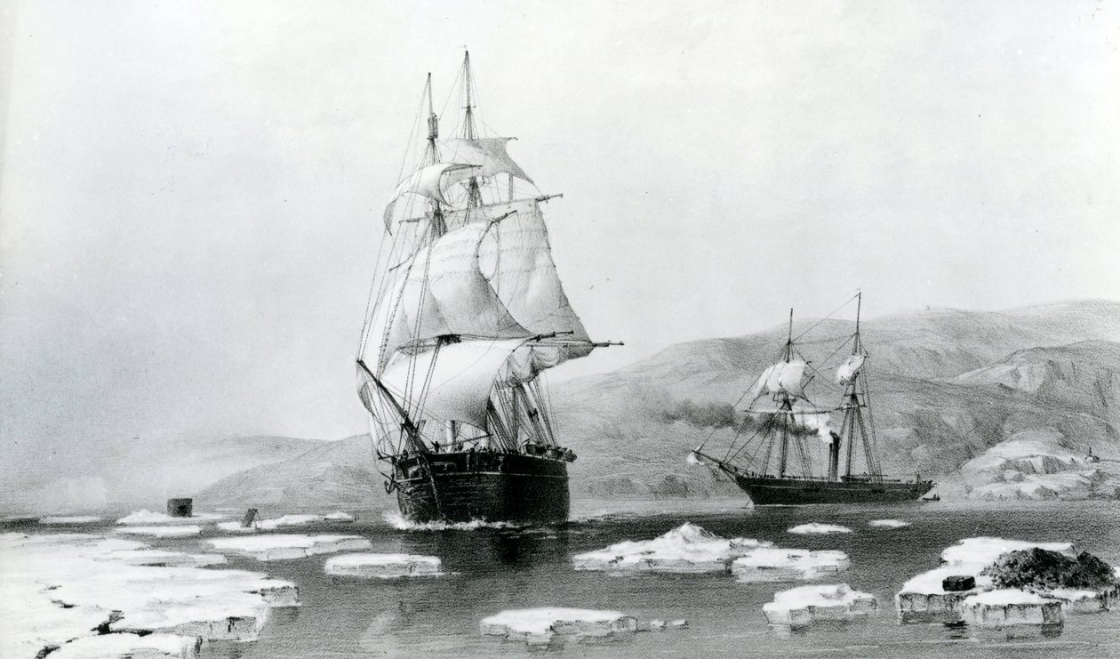 HMS Assistance ja Pioneer murtautumassa talvikorttelista vuonna 1854 (litografia) tekijältä English School