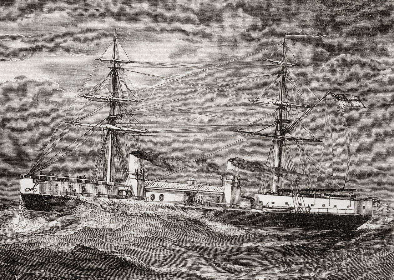 Britannian kuninkaallisen laivaston HMS Inflexible, Invincible Class taisteluristeilijä, kuvitus "Our Own Magazine -lehdestä", julkaissut Children