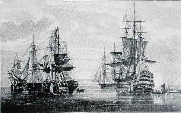 HMS:n alukset "Agamemnon", "Captain", "Vanguard", "Elephant" ja "Victory" (kaiverrus). tekijältä English School