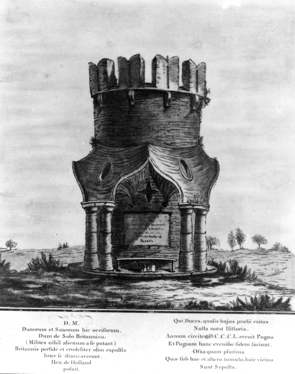 Hackendown-monumentti, kaiverrettu J. Basire, 1780 (akvatinta etsauksella) tekijältä English School