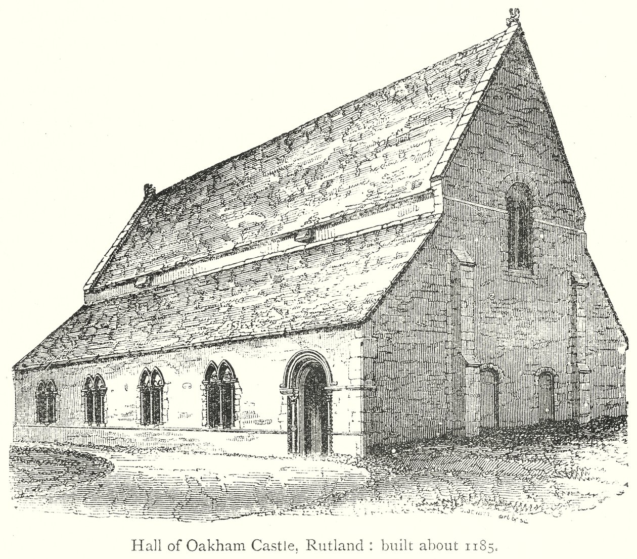 Oakhamin linnan sali, Rutland: Rakennettu noin vuonna 1185 (kaiverrus). tekijältä English School