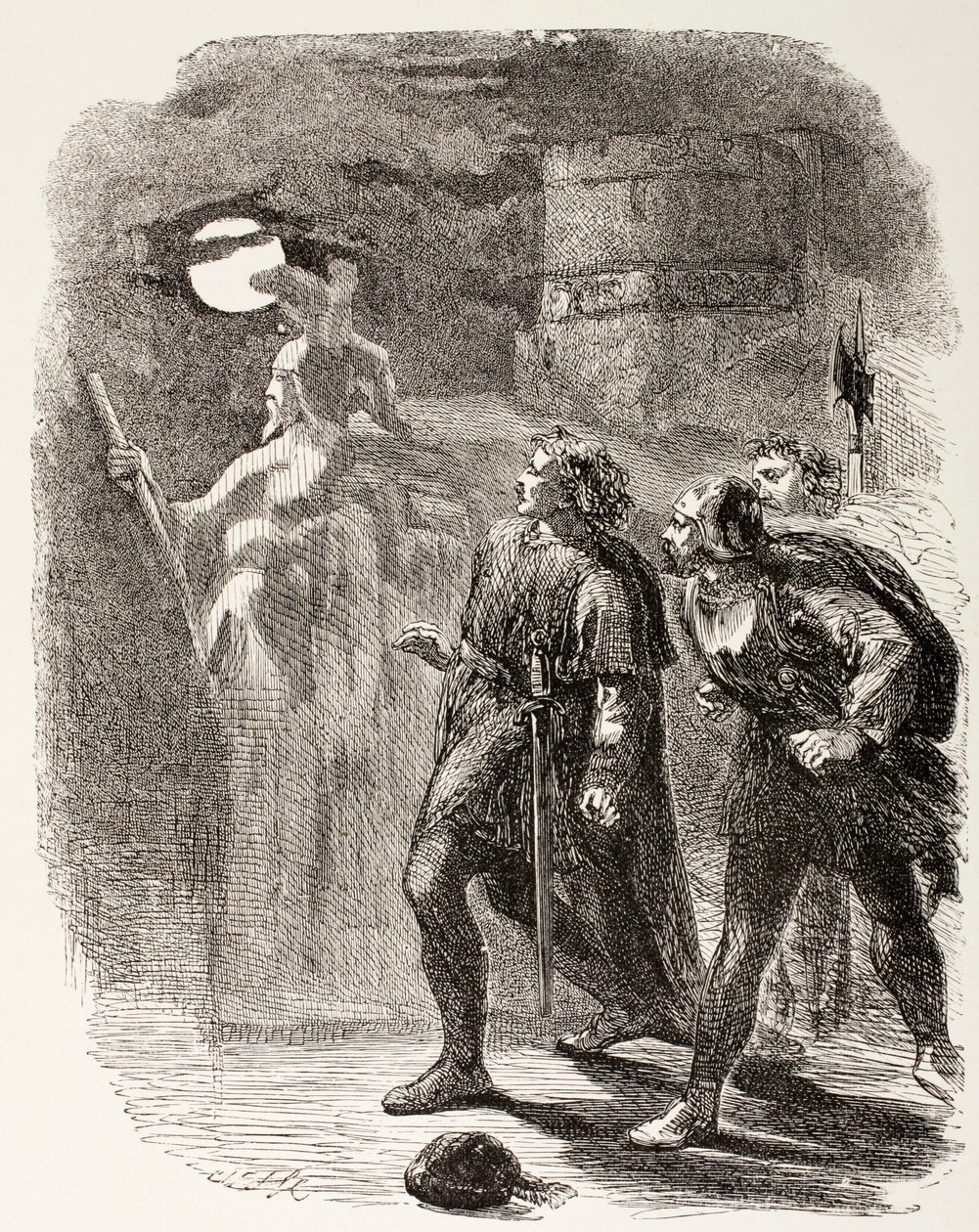 Hamlet, Horatio ja Marcellus näkevät kummituksen, The Illustrated Library Shakespearesta, julkaistu Lontoossa 1890 tekijältä English School