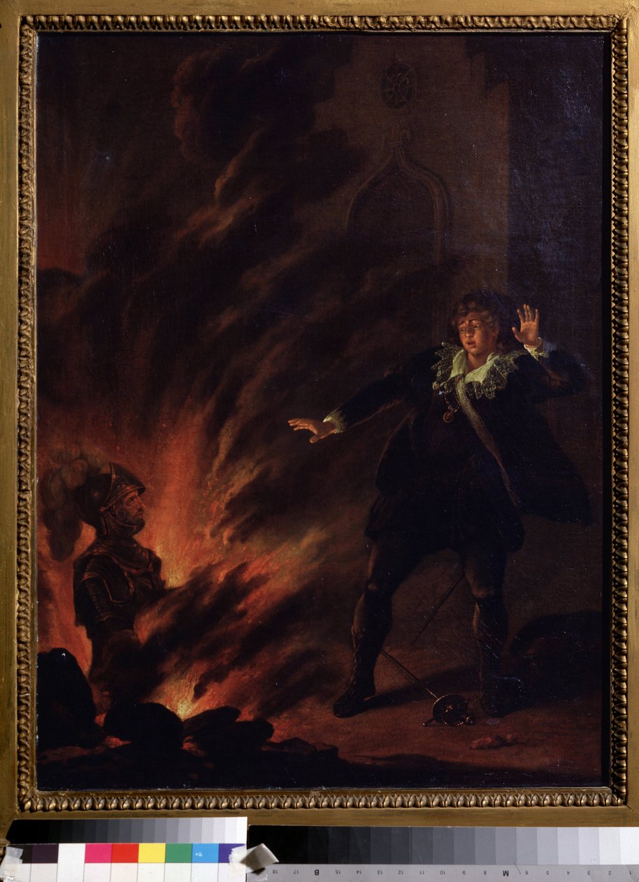 ""Hamlet isänsä haamua päin"" (Hamlet ja isänsä haamu) Kuvitus William Shakespearen (1564-1621) Hamlet-näytelmään Maalausta 1800-luvun alun englantilaisesta koulusta Koko 65x51 cm Pushkin-museo, Moskova tekijältä English School