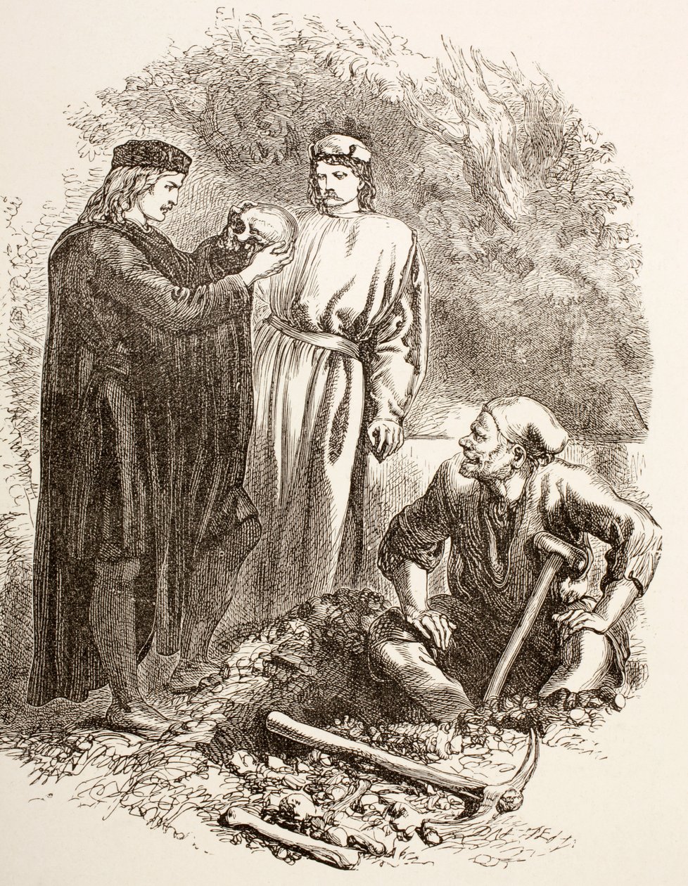 Hamlet pitää hallussaan Yorickin kalloa, joka kuvaa Hamletin näytöstä V, kohtaus I, "The Illustrated Library Shakespeare", julkaistu Lontoossa 1890 tekijältä English School