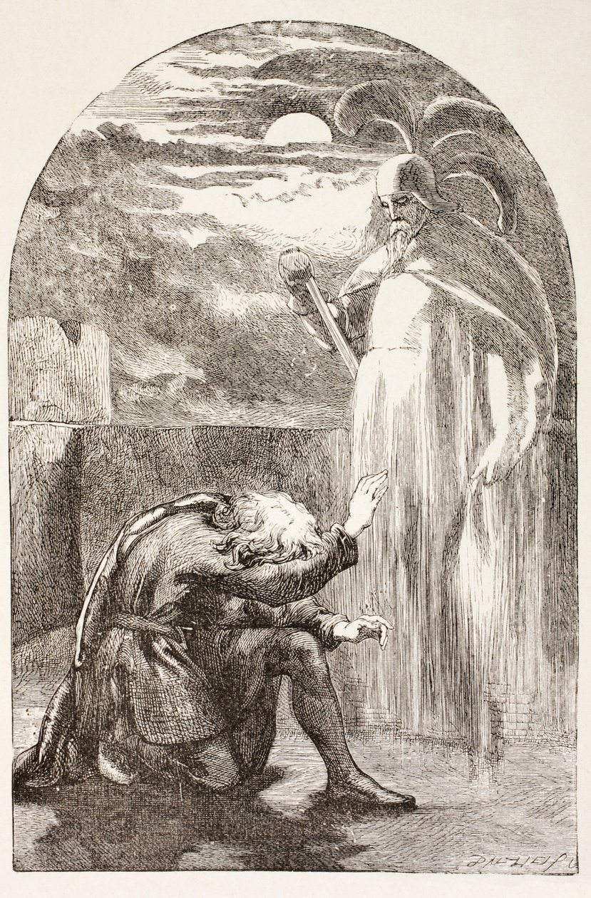 Hamlet näkee kummituksen, isänsä hengen, Lontoossa 1890 julkaistusta The Illustrated Library Shakespearesta tekijältä English School