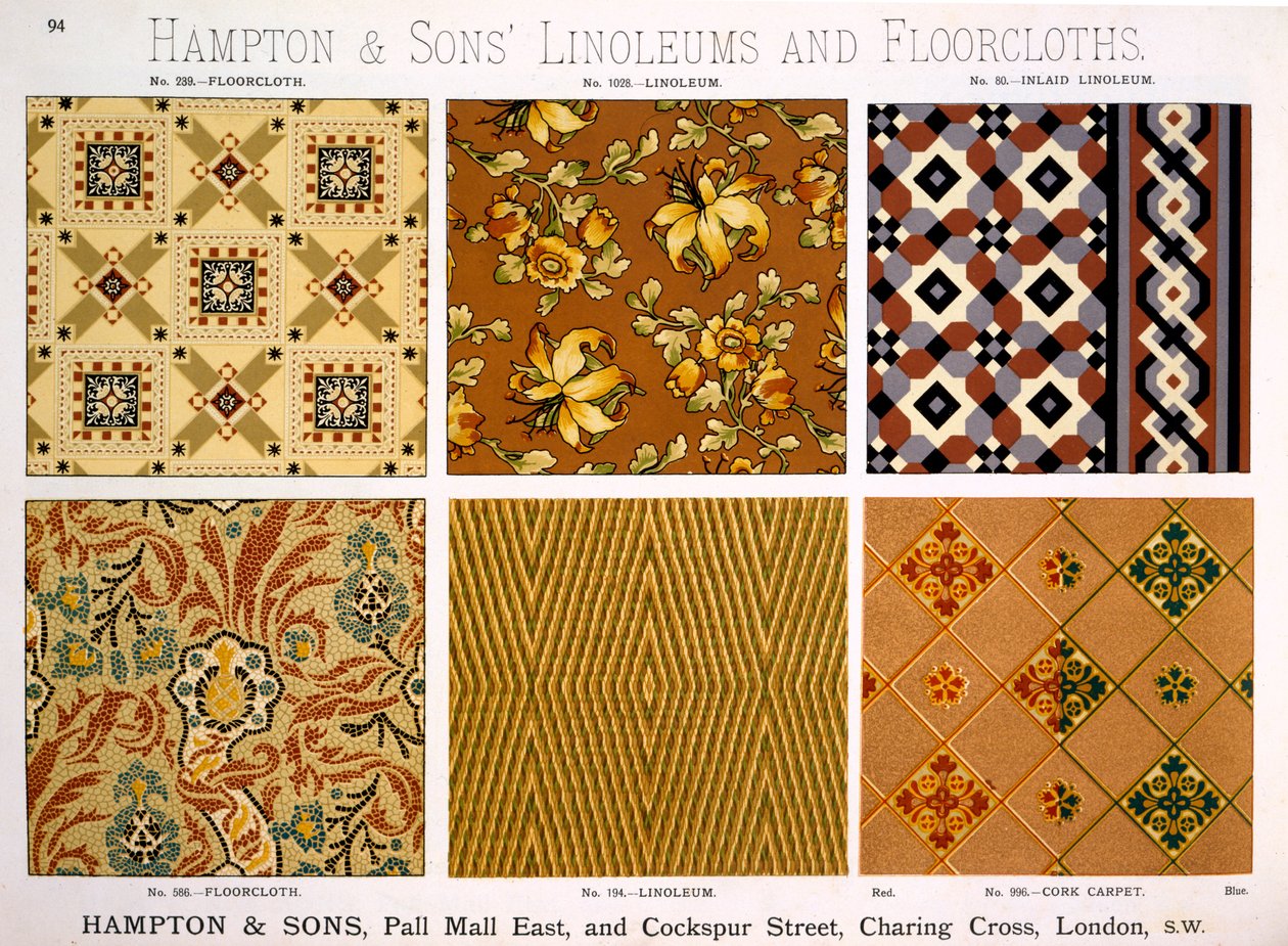 Hampton & Sons -malleja linoleumille ja lattiakankaille, myöhään C19th tekijältä English School