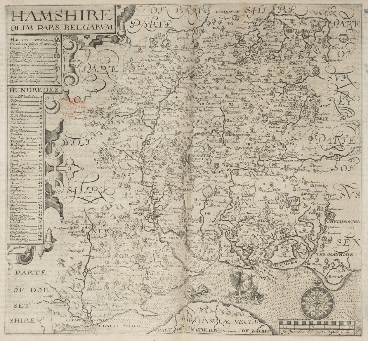 Hampshire, entinen osa belgialaisia. J. Norden kuvaili W. Hole sculp., Camdenin "Britanniasta". 6. painos. fol. 187 (kaiverrus) tekijältä English School