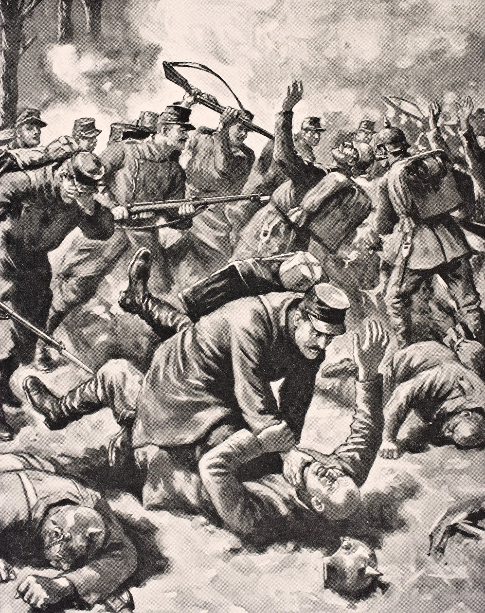 Kädestä käteen taistelu saksalaisten ja länsimaisten sotilaiden välillä, The War Illustrated deLuxesta, julkaistu Lontoossa, 1916 tekijältä English School