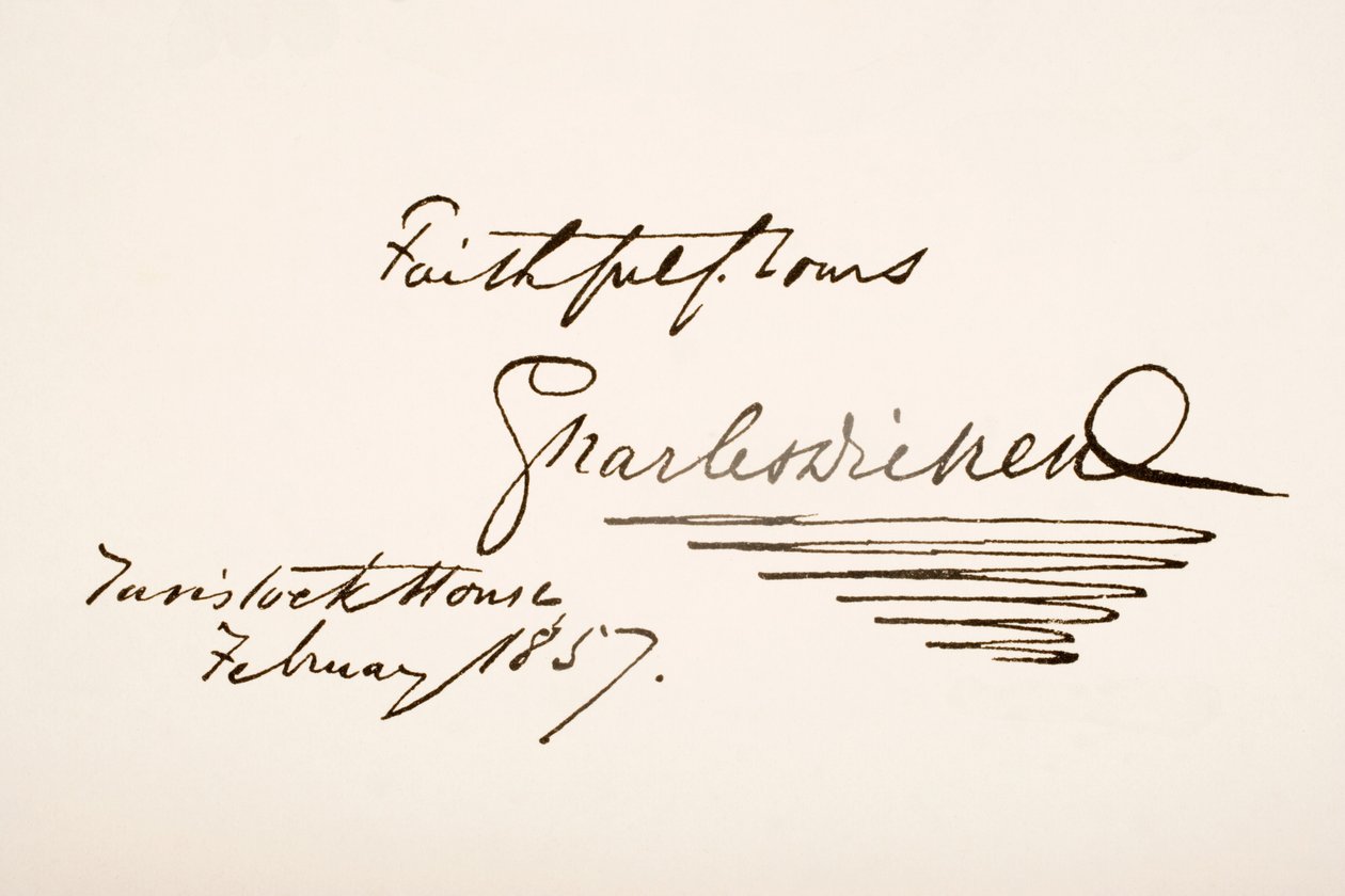 Charles Dickensin käsiala ja allekirjoitus, 1857 tekijältä English School