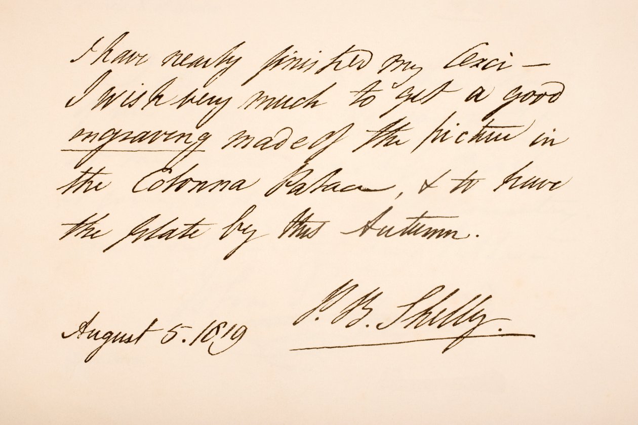 Percy Bysshe Shelleyn käsiala ja allekirjoitus, 1819 tekijältä English School