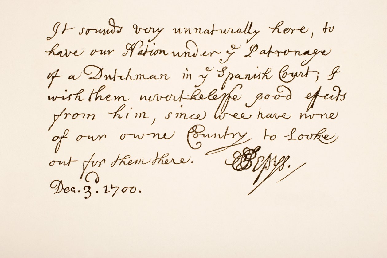 Samuel Pepysin käsiala ja allekirjoitus, 1700 tekijältä English School