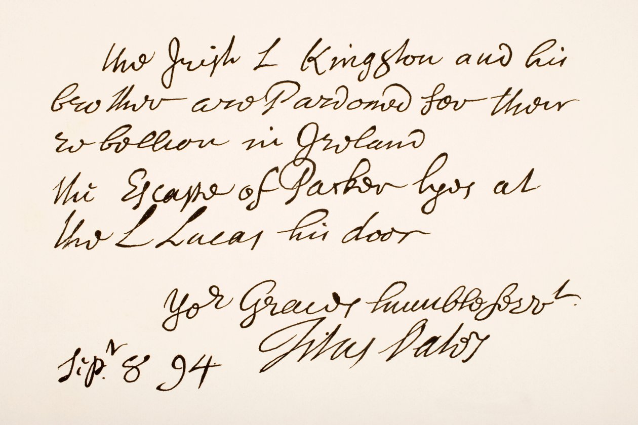 Titus Oatesin käsiala ja allekirjoitus, 1694 tekijältä English School
