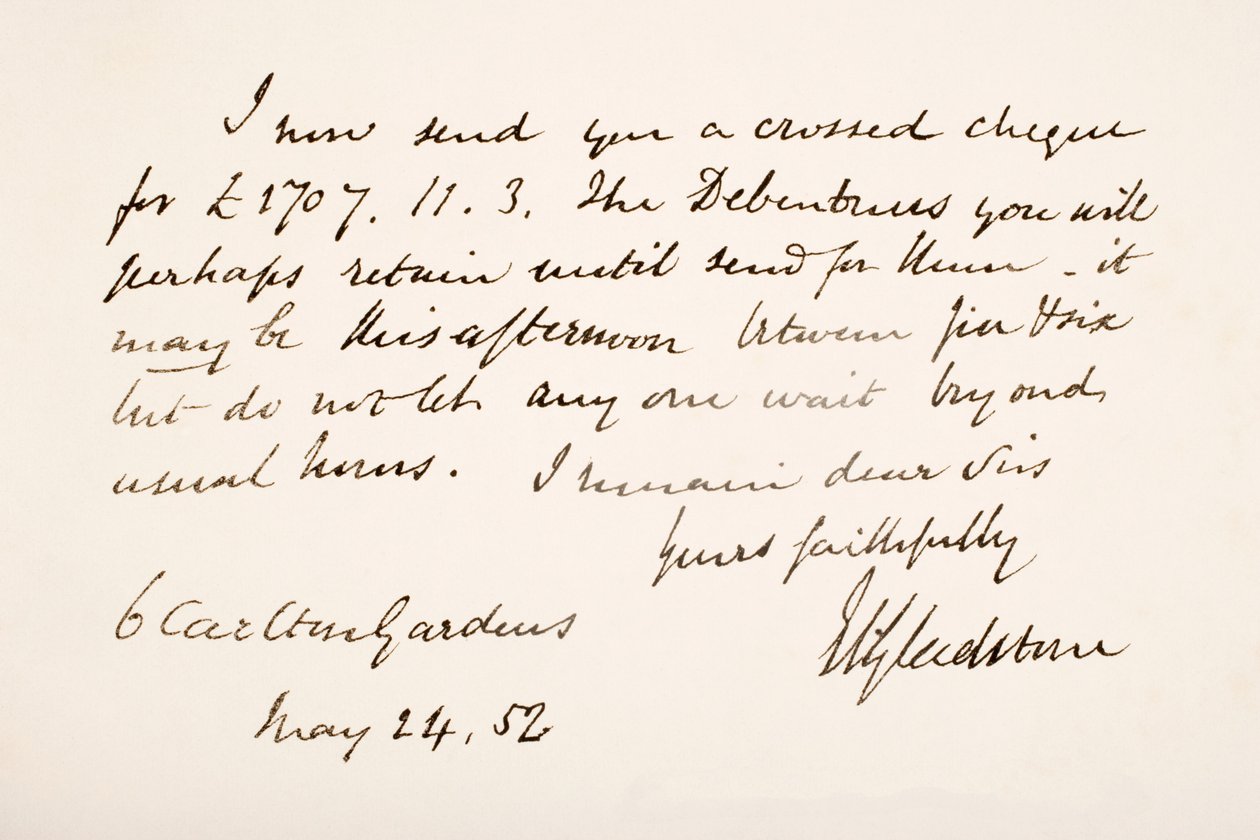 William Eward Gladstonen käsiala ja allekirjoitus, 1852 tekijältä English School