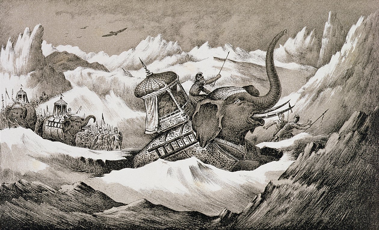Hannibal (247 - n. 183 eKr.) ja hänen sotanorsunsa Alppien ylityksessä tekijältä English School