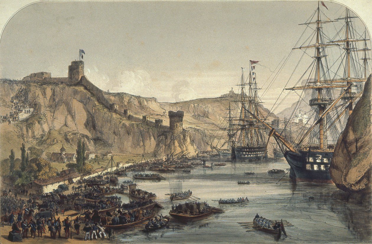 Balaklavan satama Mustallemerelle päin, 1859 tekijältä English School