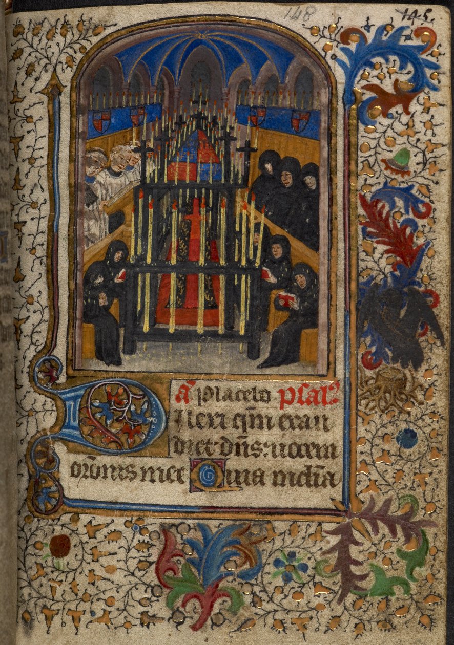 Harley 1251, fol.148 Hautajaispalvelu, jossa arkku on Bedfordin herttuan Johnin käsivarsien peittämä, "Hours of Eleanor Worcester", n. 1430-1440 (vellum) tekijältä English School