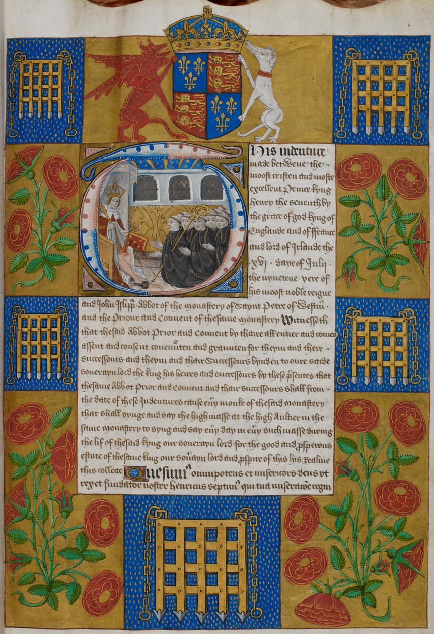 Harley 1498, f.1 Henry VII esittelee lausunnon John Islipille, Westminster Abbeyn apottille, Indentures of Westminster Abbey (vellum) tekijältä English School