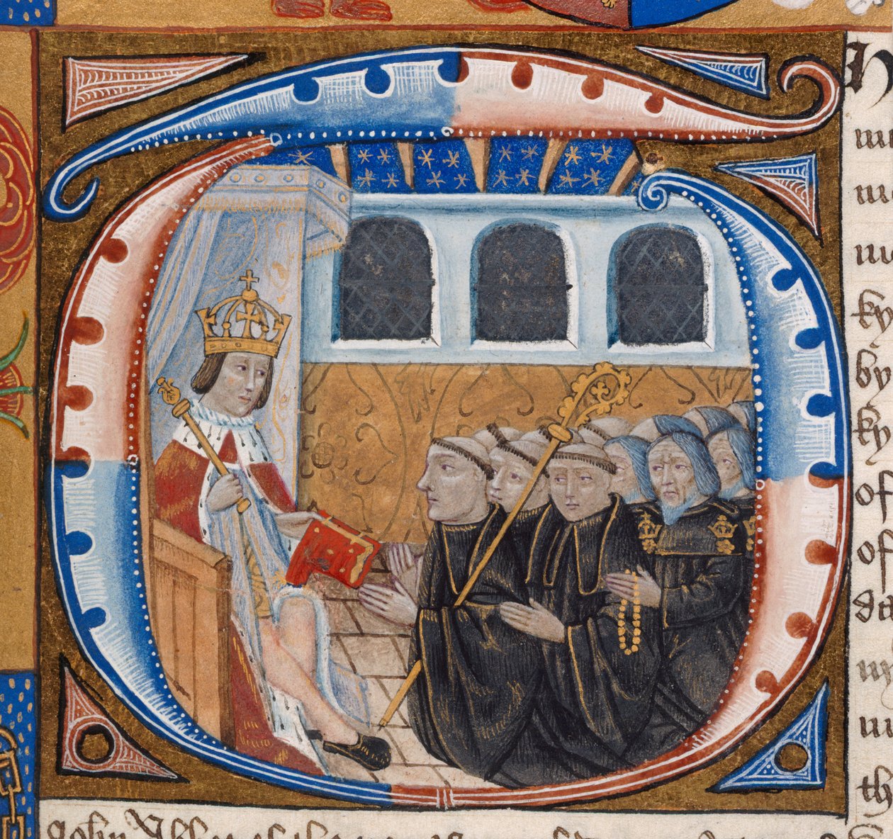 Harley 1498, f.59 Historioitu alkukirjain, jossa kuningas Henrik VII vastaanottaa kirjan, kuvitus teoksesta "Indentures of Westminster Abbey" (vellum) tekijältä English School