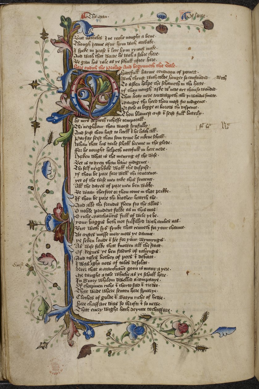 Harley 1758, f.56v Palkin reunus ja alkukirjain "O" (hatefull) Geoffrey Chaucerin Man of Law