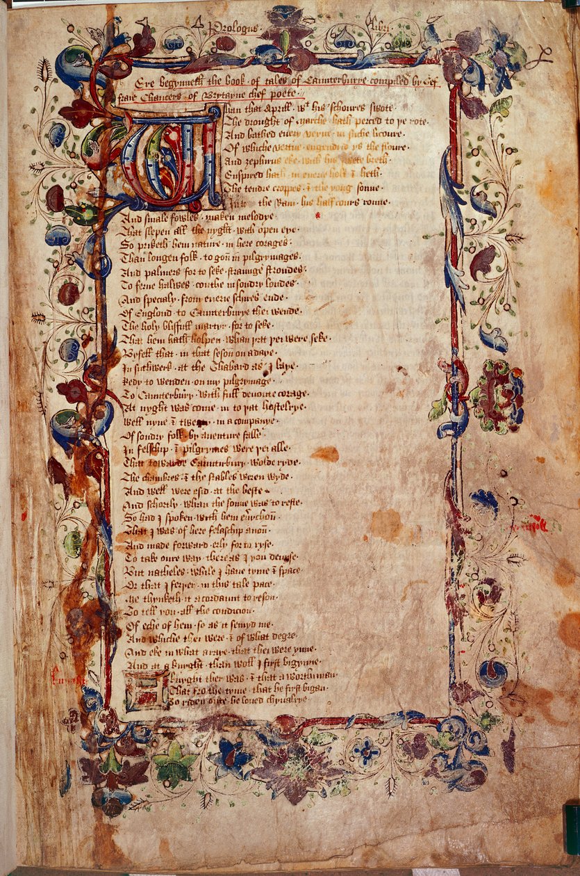 Harley 1758, fol.1, Prologue, Geoffrey Chaucerin teoksesta "The Canterbury Tales", n. 1450-1460 (vellum) tekijältä English School