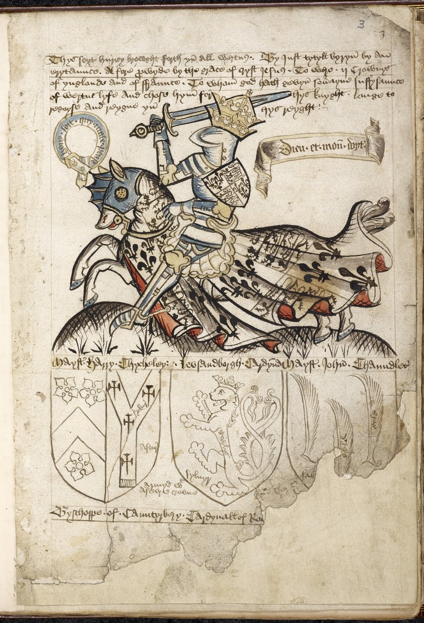 Harley 2169 f. 3 Henrik VI hevosen selässä, vaakuna Henrik VI:n aikana (vellum) tekijältä English School