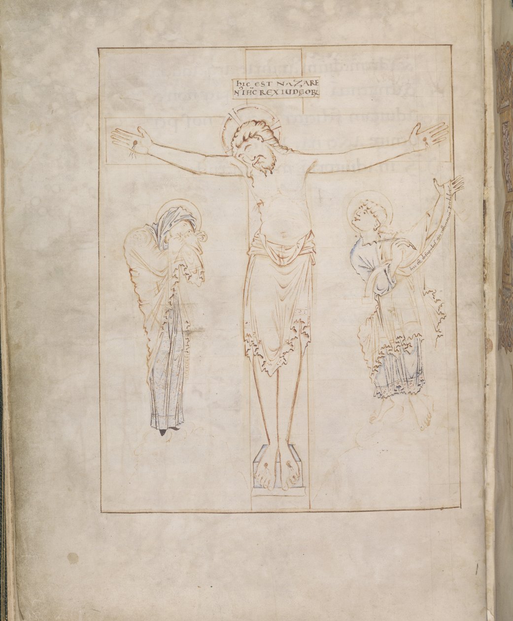 Harley 2904, f.3v, Ristiinnaulitseminen; Neitsyt ja Pyhä Johannes kirjoittamassa todistuksensa kirjakäärölle, Ramsey Psalter, n. 900-1000 (vellum) tekijältä English School