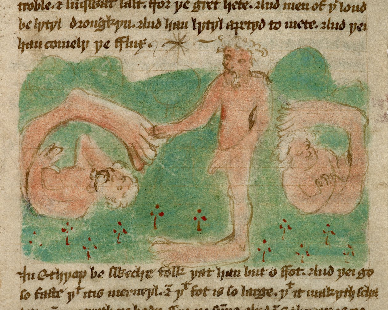 Harley 3954, f.31, Värillinen piirros, joka kuvaa myyttisiä Etiopian ihmisiä, jotka ovat syntyneet vain yhdellä jalalla (sciopod) varjoakseen heidät auringolta, julkaisusta "Travels of Sir John Mandeville" (pergamentti) tekijältä English School