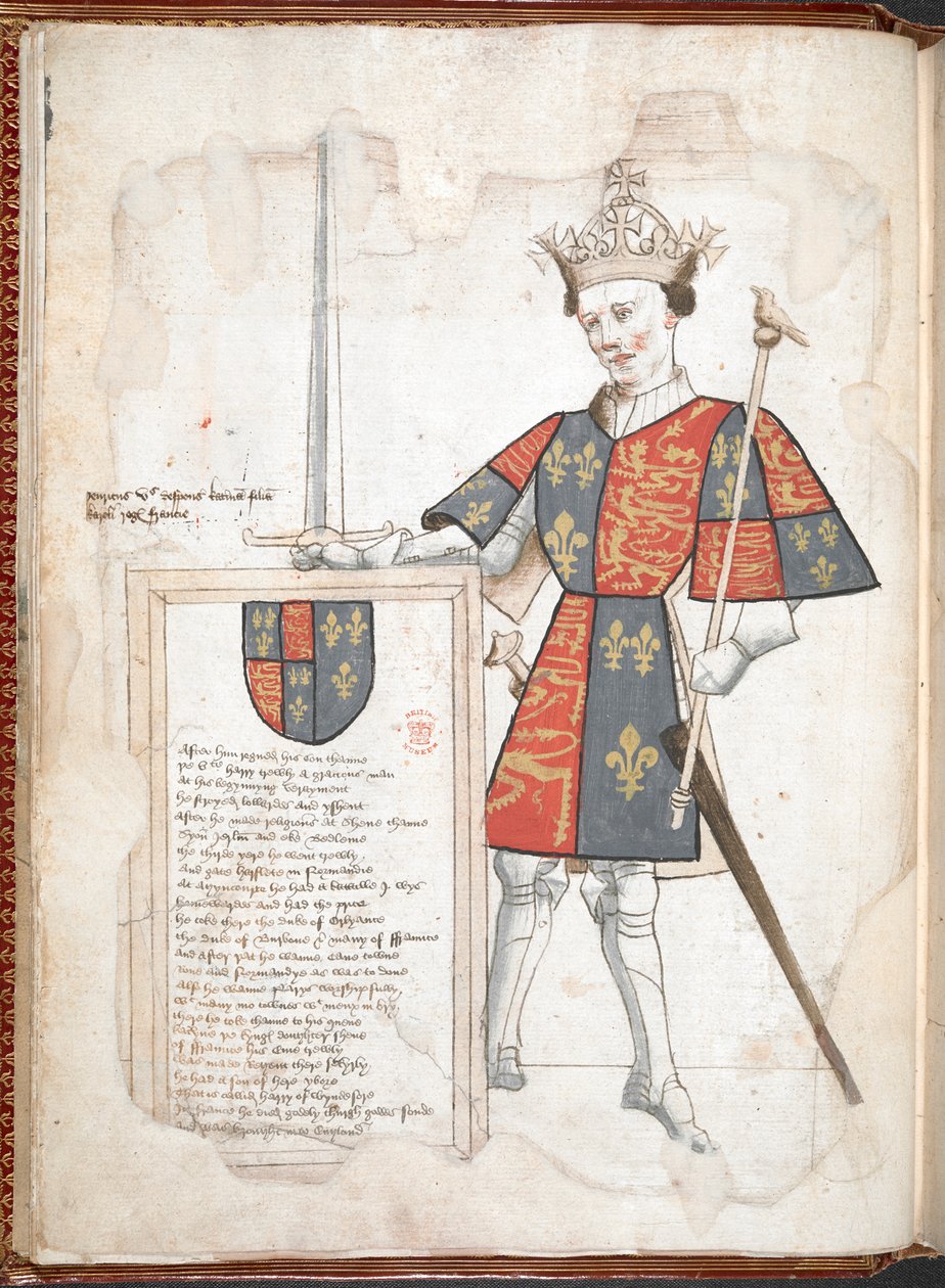 Harley 4205 f.7v Englannin kuningas haarniskassa ja viirassa (Henry V) julkaisusta "Sir Thomas Holme