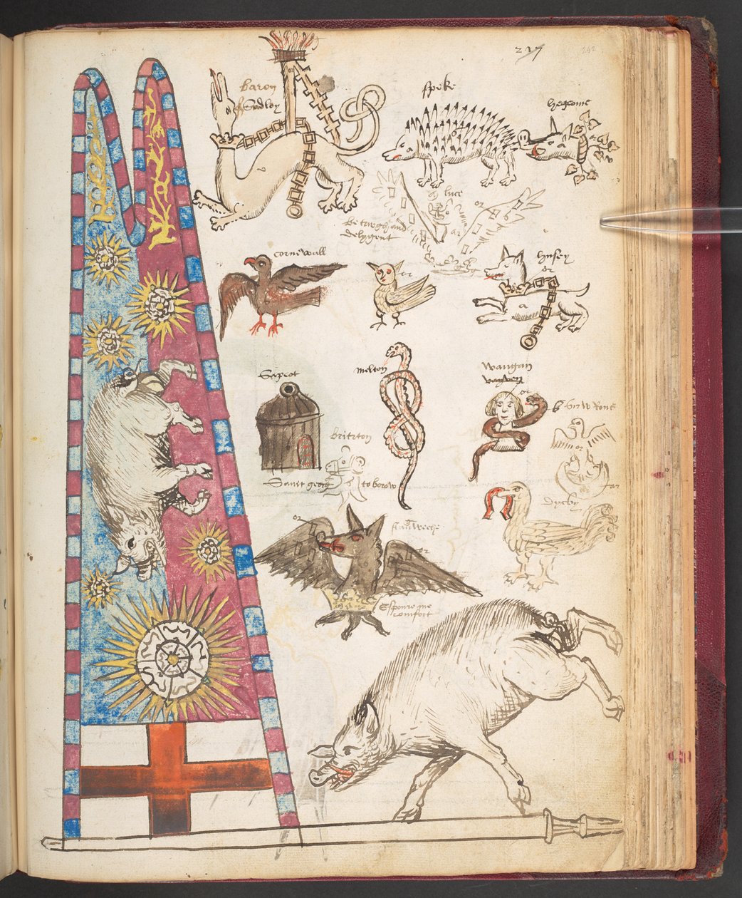 Harley 4632, f.242, Richard III:n banneri Bosworthissa sekä Yorkist sunburst (vellum) tekijältä English School