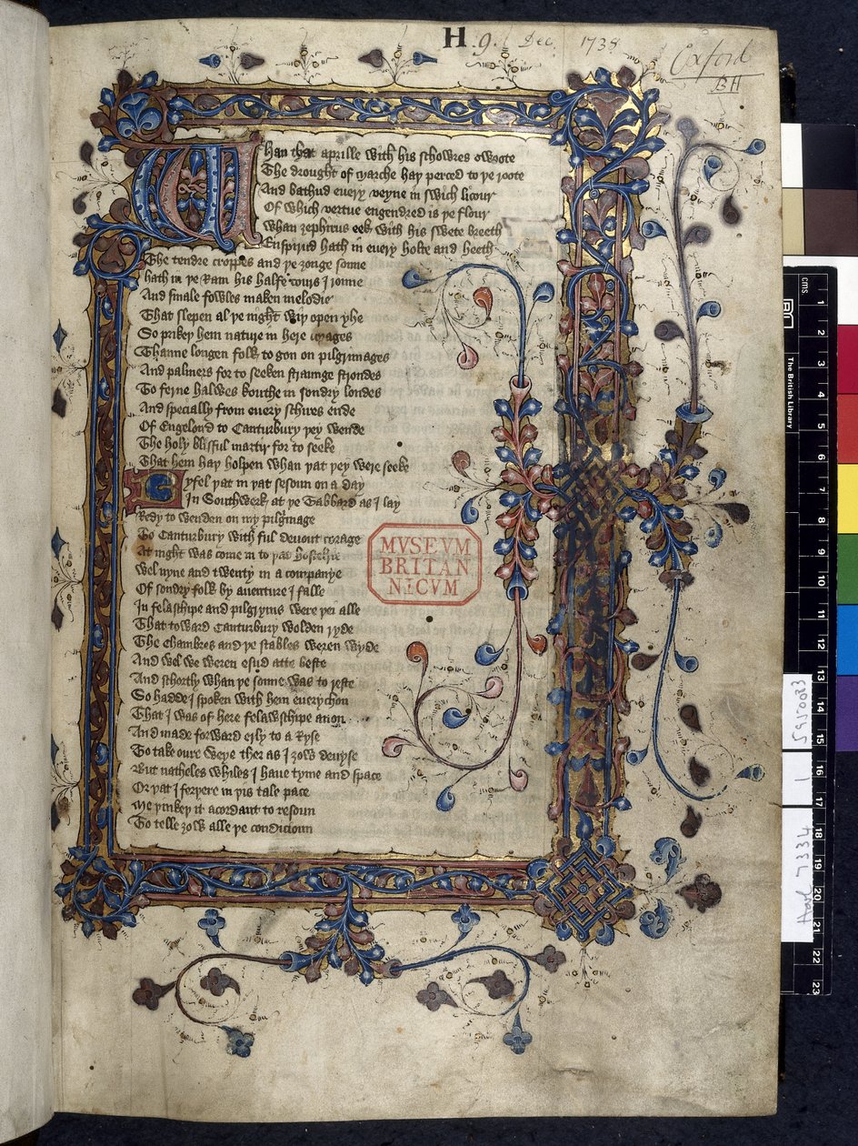 Harley 7334, f.1 valaistu alkukirjain "W", "The Canterbury Tales", kirjoittanut Geoffrey Chaucer, n. 1410 (mustetta, väriä ja kultaa perunakalvolla) tekijältä English School