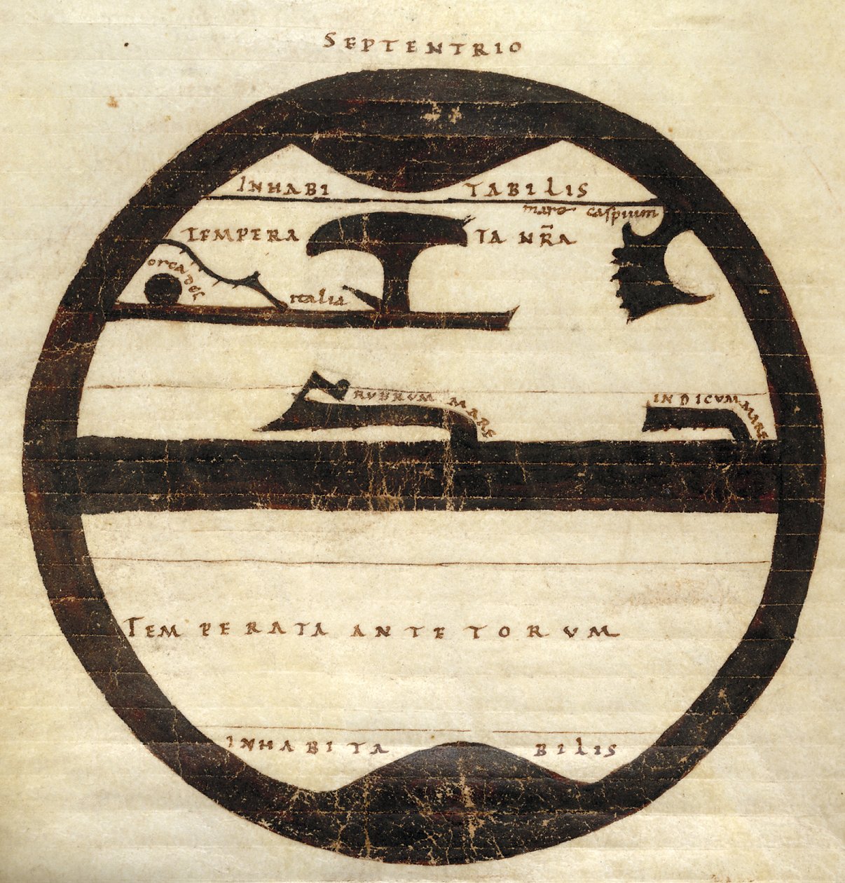 Harley MS 2772 f. 70v, kaaviomainen vyöhykekartta, n. 1050 (muste ja tempera pergamentilla) tekijältä English School