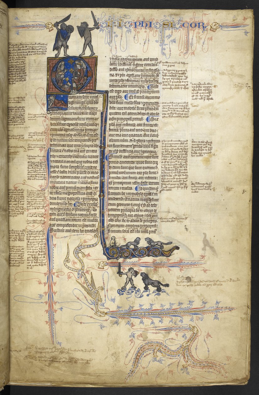 Harley MS 3487, f.4r Aristotle Physica, Libri naturalesista (mustetta, kultaa ja väriä pergamentissa) tekijältä English School