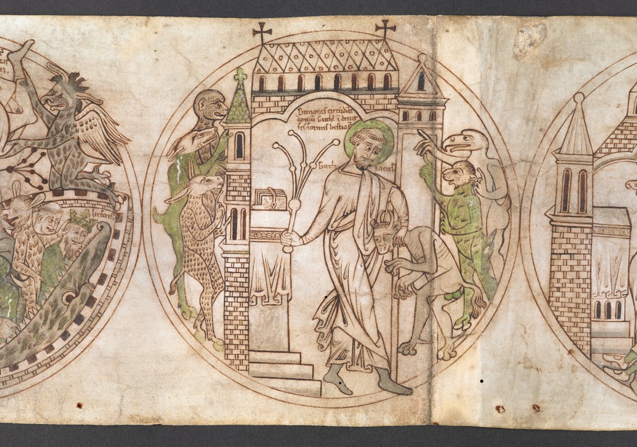 Harley Roll Y 6, Roundel 9, Roundel of St Guthlac (nimillä "Guthlacus") ruoskimassa petollisia demoneita, jotka ovat tunkeutuneet hänen taloonsa [um]