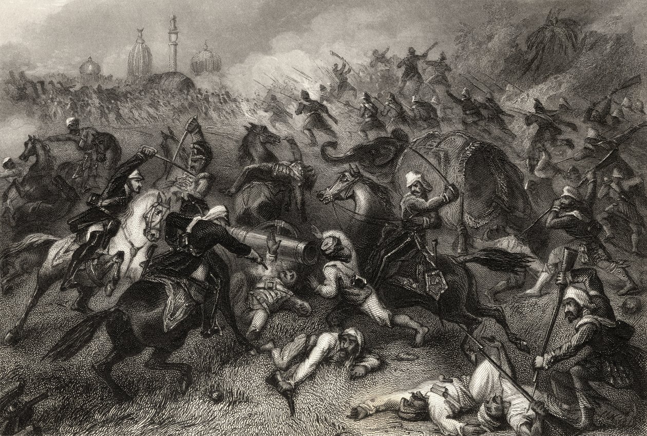 Havelockin pylväs hyökkää kapinoijia vastaan ennen Cawnporea vuonna 1857, vuonna 1858 julkaistusta "Intian kapinan historiasta" tekijältä English School