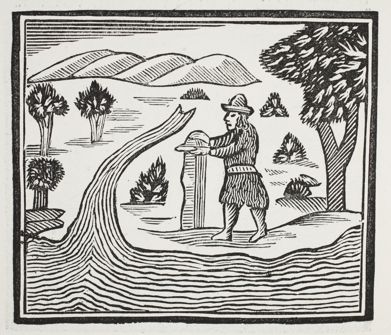 Hän pitää kirjaa ajasta ja tapahtumista, kuvitus John Ashtonin pubista Chap-books of the Eightenth Century. 1882 tekijältä English School